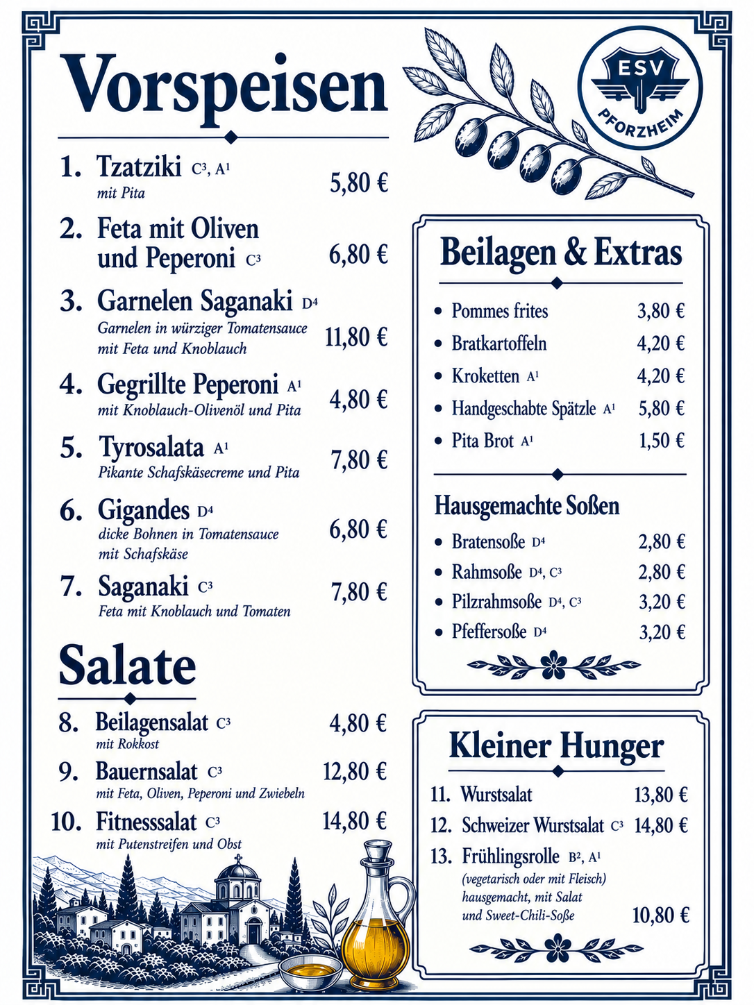 Speisekarte Seite 1: Vorspeisen, Salate, Beilagen und kleine Gerichte