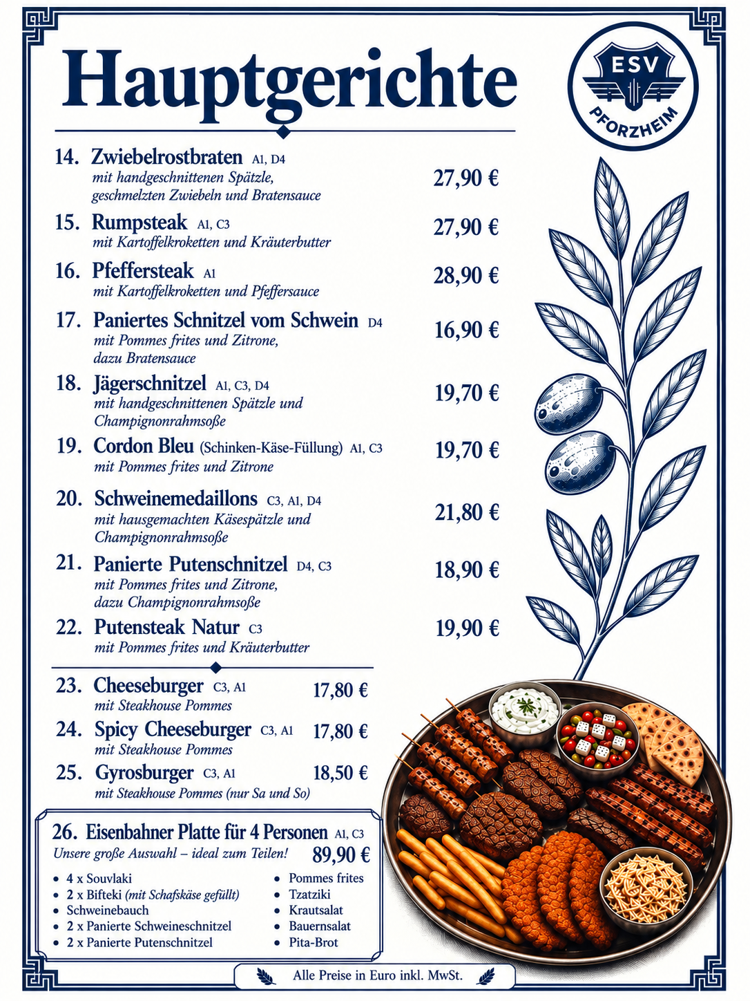 Speisekarte Seite 2: Hauptgerichte, Burger und Eisenbahner-Platte
