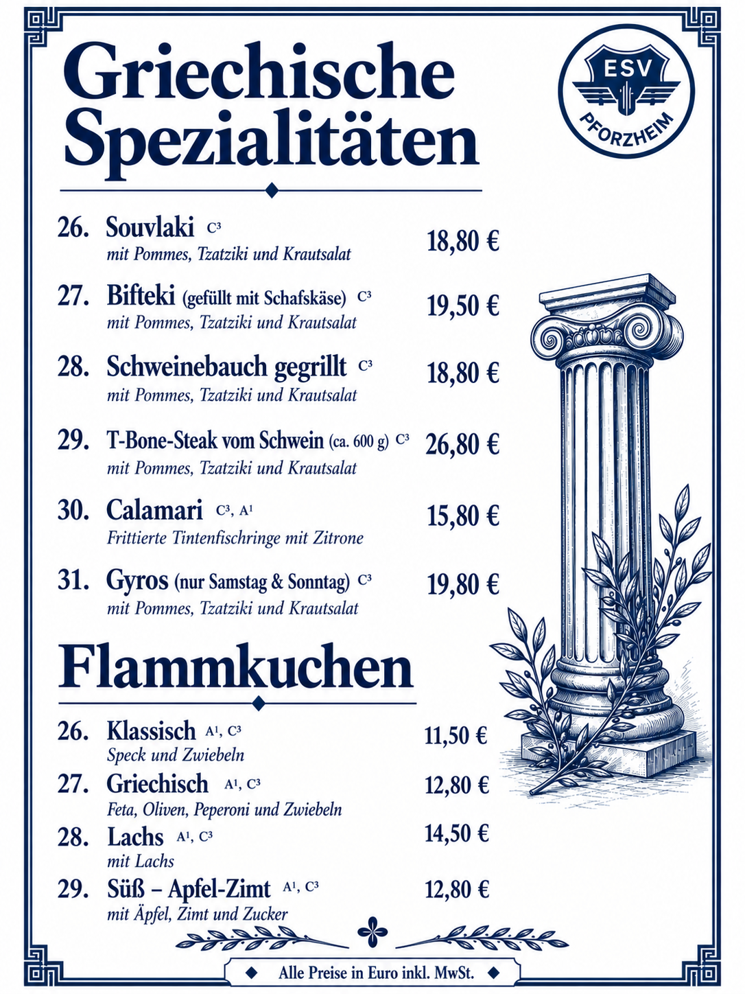 Speisekarte Seite 3: Griechische Spezialitäten und Flammkuchen