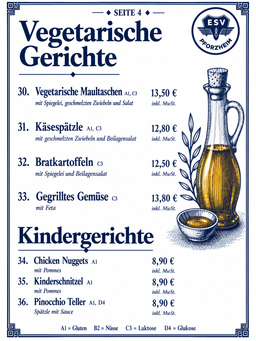 Speisekarte Seite 4: Vegetarische Gerichte und Kindergerichte