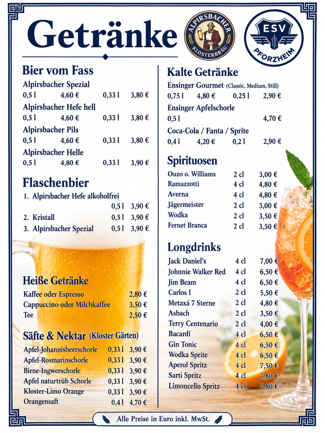 Speisekarte Seite 5: Bier, alkoholfreie Getränke, Kaffee, Säfte, Spirituosen und Longdrinks